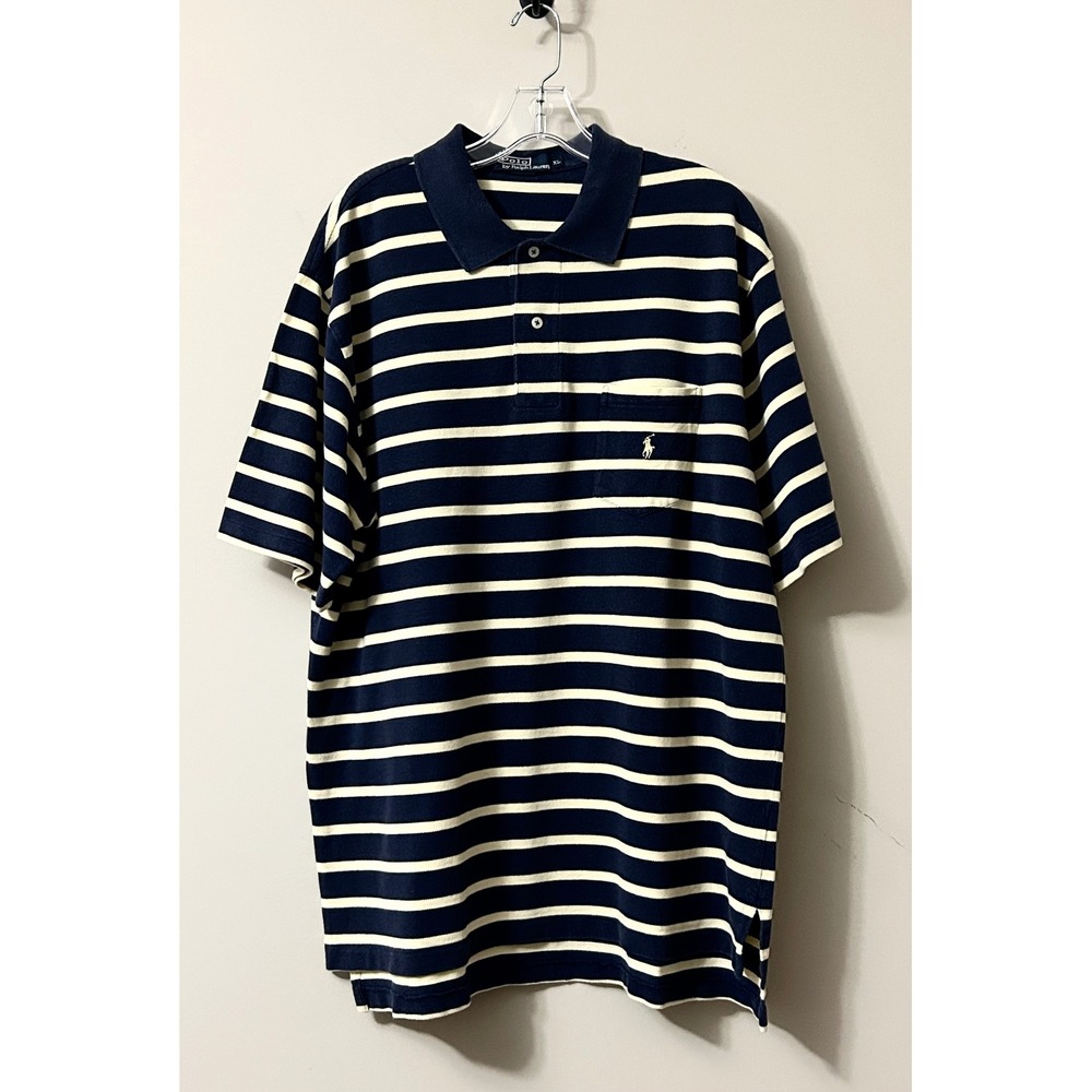 Polo Ralph Lauren Mens XL Striped Pocket Polo Shirt Navy Blue Cream Pony Logo
